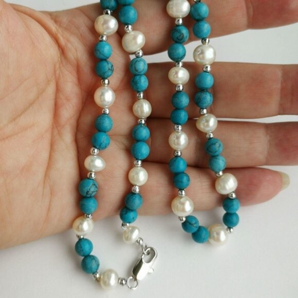 Turquoise White Freshwater Pearl Necklace 🆕 - Picture 5 of 7
